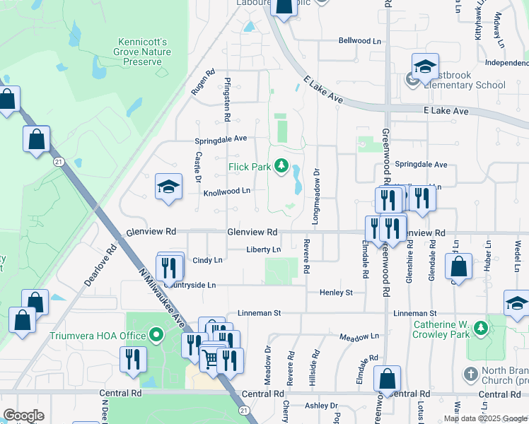 map of restaurants, bars, coffee shops, grocery stores, and more near 3636 Glenview Road in Glenview