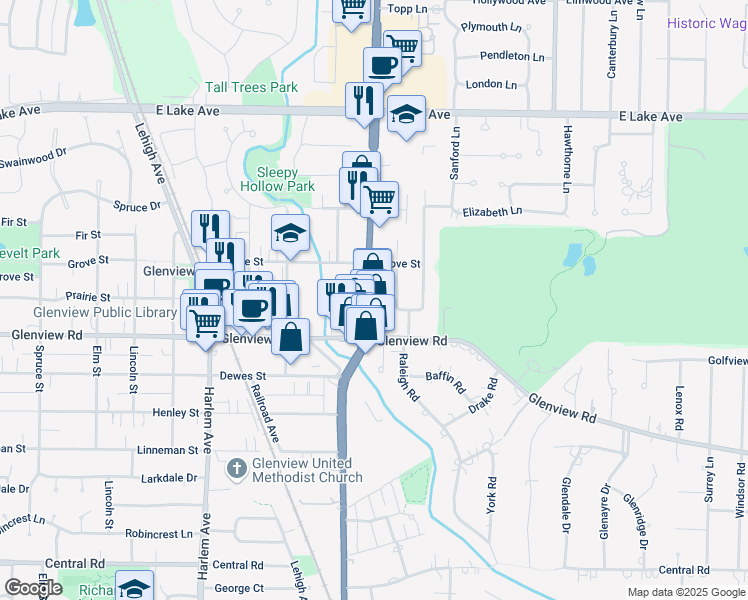 map of restaurants, bars, coffee shops, grocery stores, and more near 1628 Glenview Road in Glenview