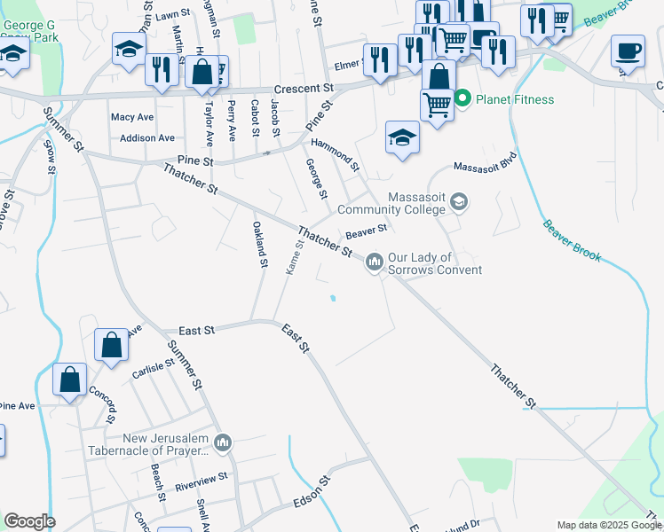 map of restaurants, bars, coffee shops, grocery stores, and more near 215 Thatcher Street in Brockton