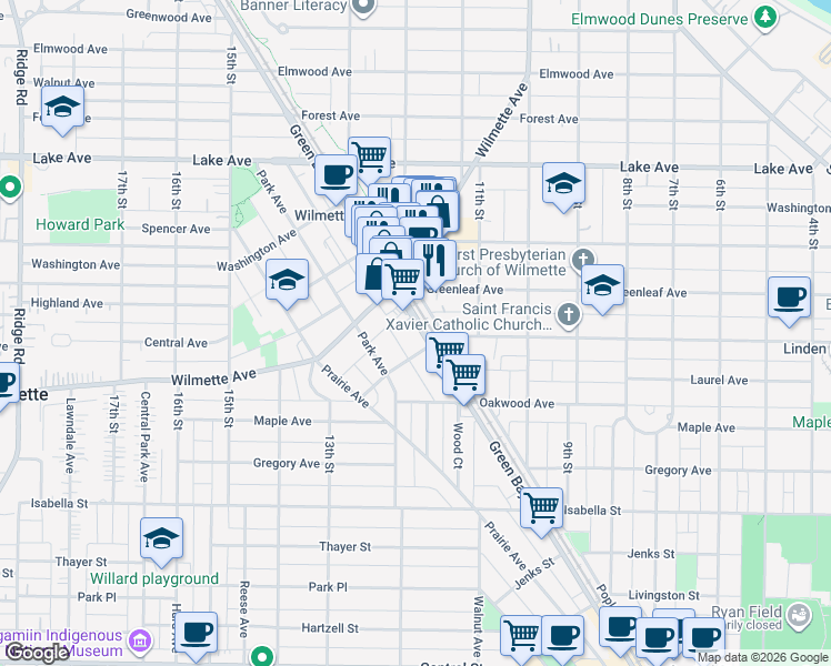 map of restaurants, bars, coffee shops, grocery stores, and more near 514 Park Avenue in Wilmette