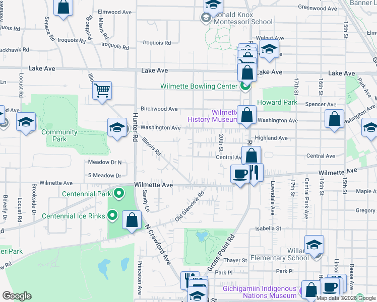 map of restaurants, bars, coffee shops, grocery stores, and more near 445 Pinecrest Lane in Wilmette