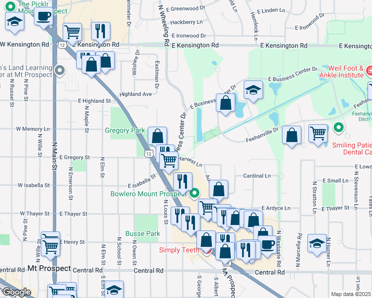 map of restaurants, bars, coffee shops, grocery stores, and more near 411 East Business Center Drive in Mount Prospect