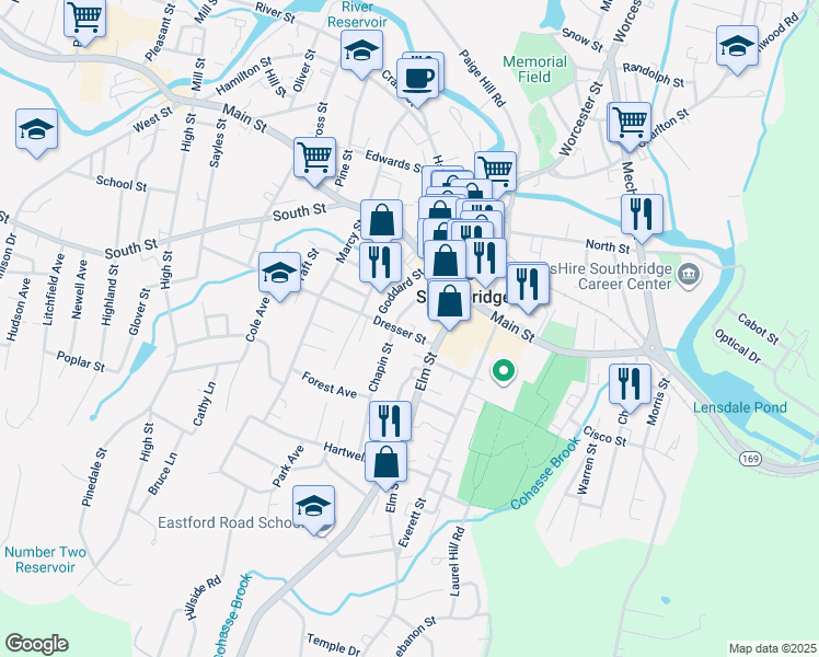 map of restaurants, bars, coffee shops, grocery stores, and more near 28 Dresser Street in Southbridge