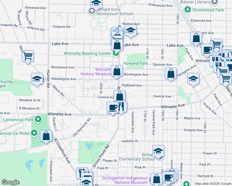 map of restaurants, bars, coffee shops, grocery stores, and more near 1907 Central Avenue in Wilmette