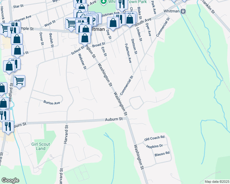 map of restaurants, bars, coffee shops, grocery stores, and more near 290 Washington Street in Whitman