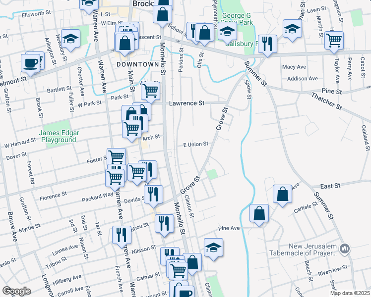 map of restaurants, bars, coffee shops, grocery stores, and more near 24 Smith Avenue in Brockton