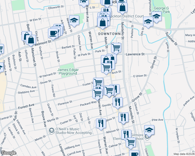 map of restaurants, bars, coffee shops, grocery stores, and more near 10 Foster Street in Brockton