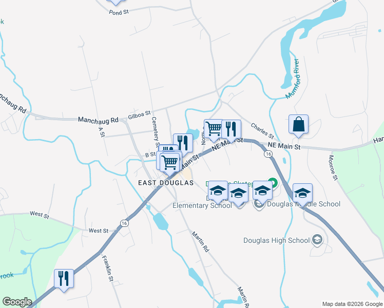 map of restaurants, bars, coffee shops, grocery stores, and more near 349 Main Street in Douglas