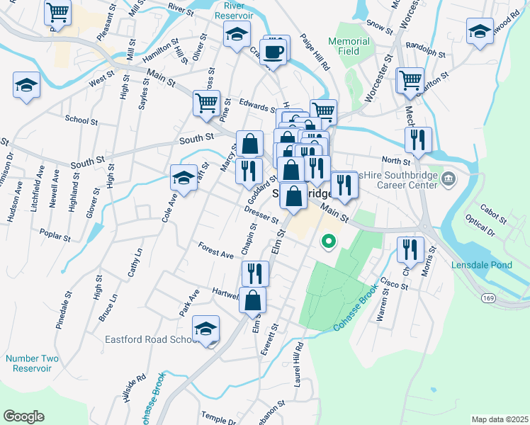 map of restaurants, bars, coffee shops, grocery stores, and more near 2 Chapin Court in Southbridge