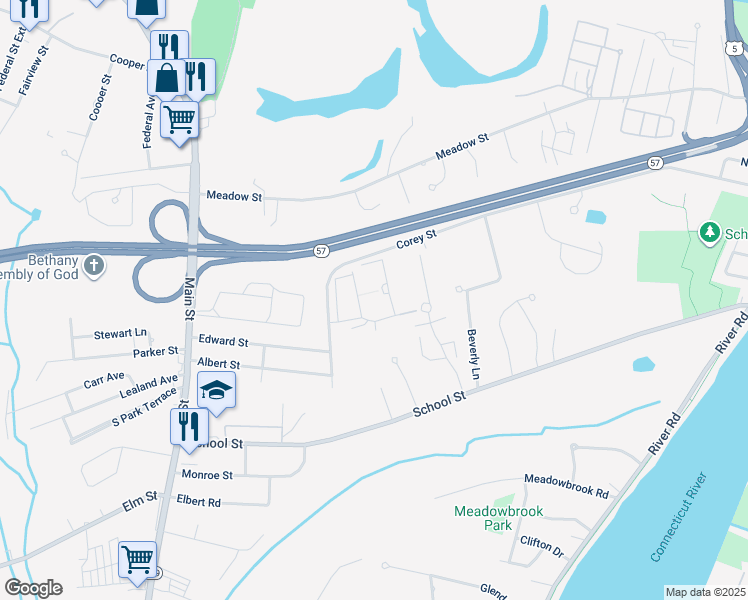 map of restaurants, bars, coffee shops, grocery stores, and more near 2 Corey Colonial in Agawam