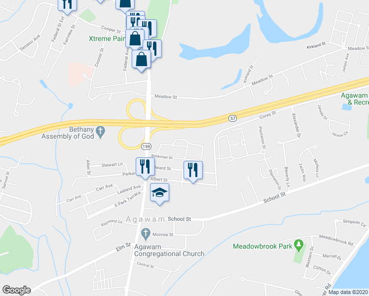 map of restaurants, bars, coffee shops, grocery stores, and more near 81 Beekman Drive in Agawam