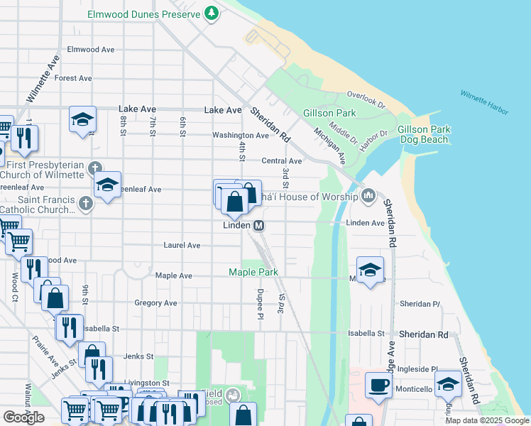 map of restaurants, bars, coffee shops, grocery stores, and more near 307 Linden Avenue in Wilmette
