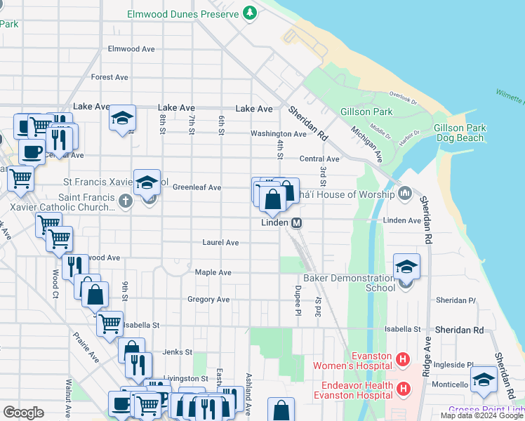 map of restaurants, bars, coffee shops, grocery stores, and more near 417 Linden Avenue in Wilmette