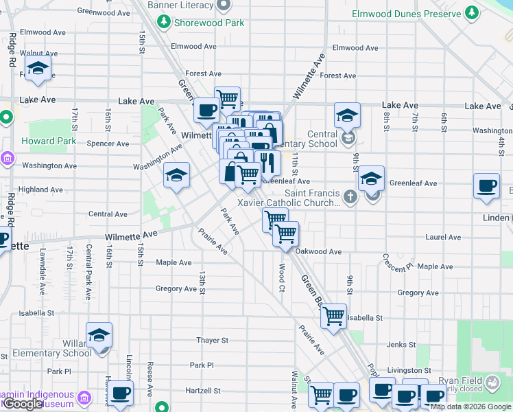 map of restaurants, bars, coffee shops, grocery stores, and more near 517 Green Bay Road in Wilmette