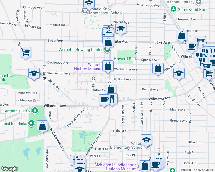 map of restaurants, bars, coffee shops, grocery stores, and more near 1907 Central Avenue in Wilmette