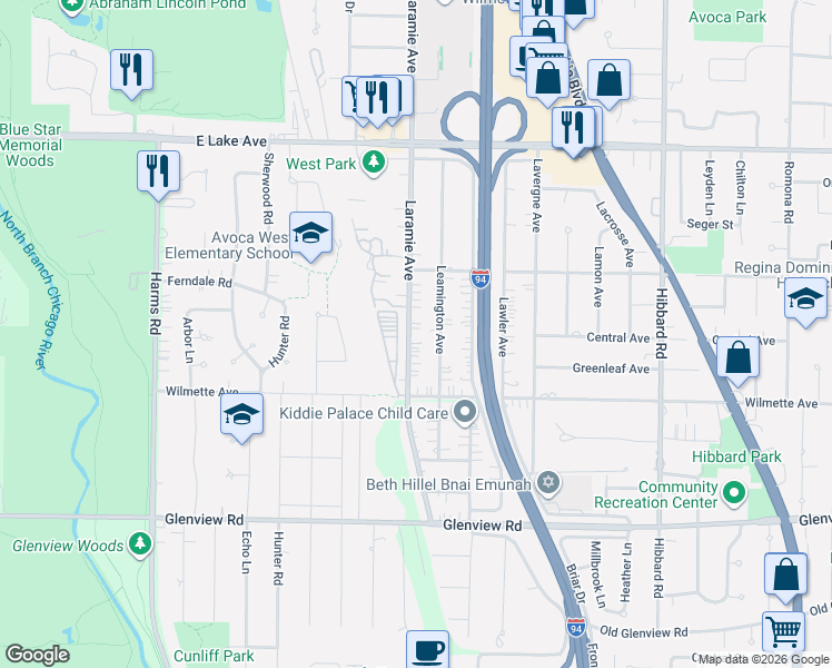 map of restaurants, bars, coffee shops, grocery stores, and more near 527 Laramie Avenue in Wilmette
