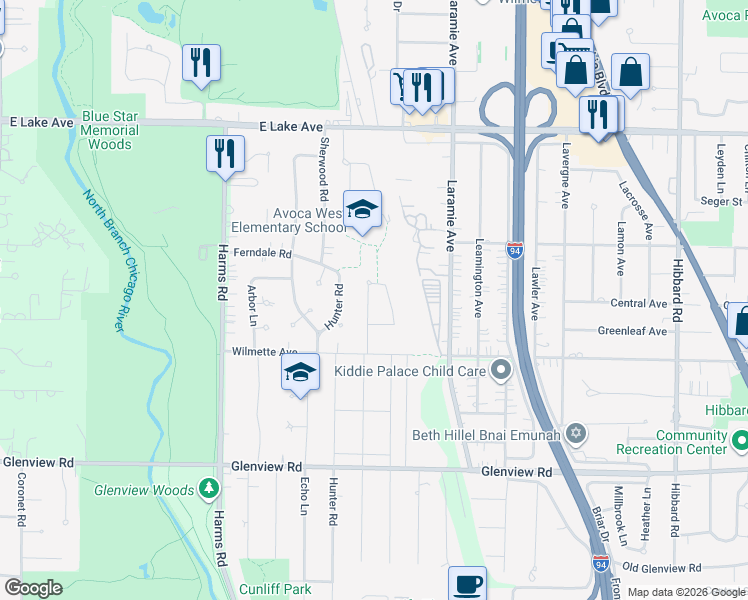 map of restaurants, bars, coffee shops, grocery stores, and more near 1019 Indian Road in Glenview