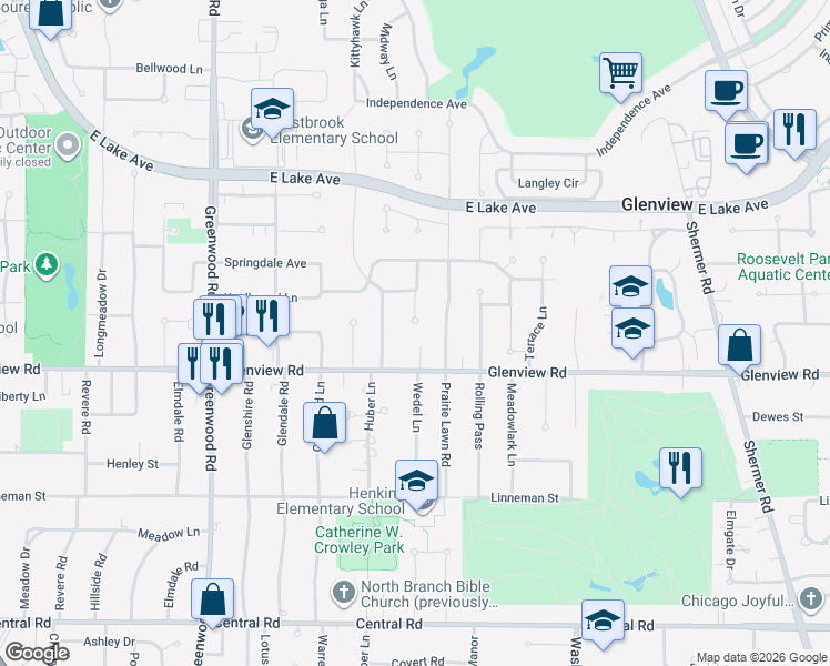 map of restaurants, bars, coffee shops, grocery stores, and more near 2920 Glenview Road in Glenview