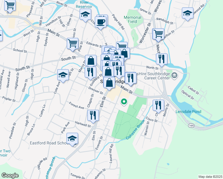 map of restaurants, bars, coffee shops, grocery stores, and more near 41 Elm Street in Southbridge