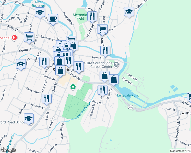 map of restaurants, bars, coffee shops, grocery stores, and more near 70 Massachusetts 131 in Southbridge