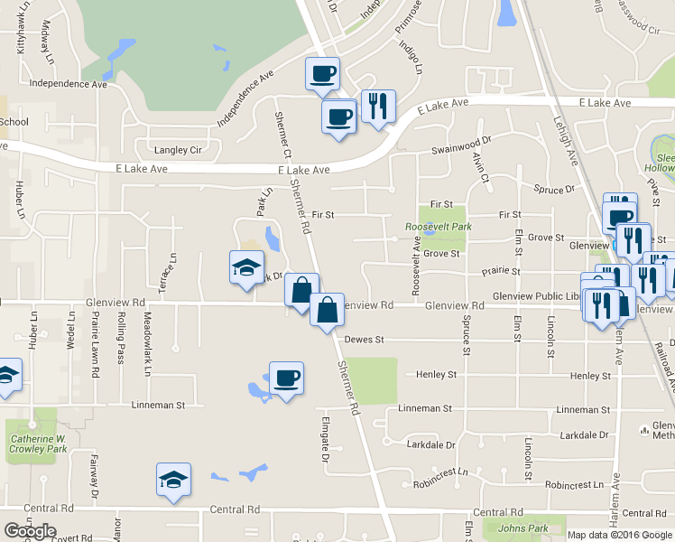 map of restaurants, bars, coffee shops, grocery stores, and more near 2410 Glenview Rd in Glenview
