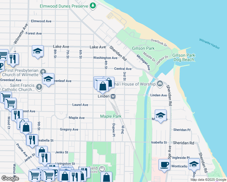 map of restaurants, bars, coffee shops, grocery stores, and more near 330 Linden Avenue in Wilmette
