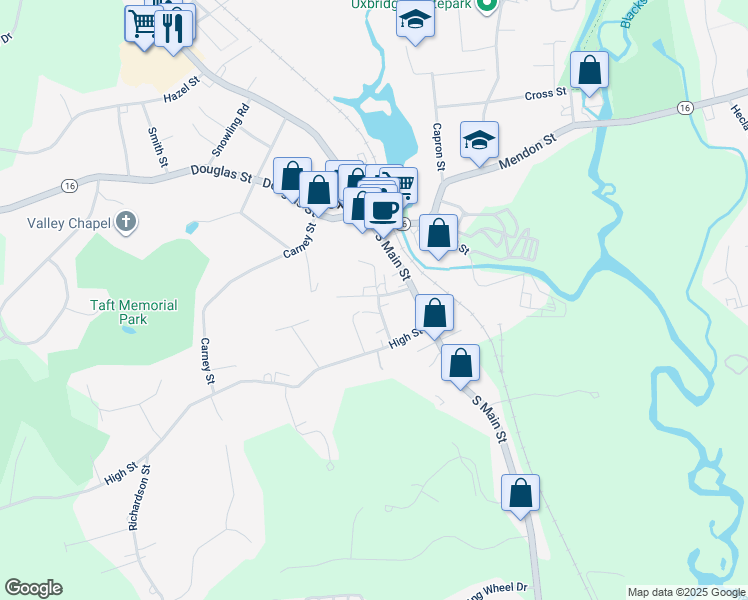 map of restaurants, bars, coffee shops, grocery stores, and more near 26 Pleasant Street in Uxbridge