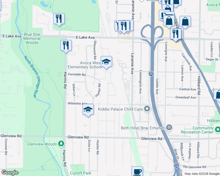 map of restaurants, bars, coffee shops, grocery stores, and more near 1019 Indian Road in Glenview