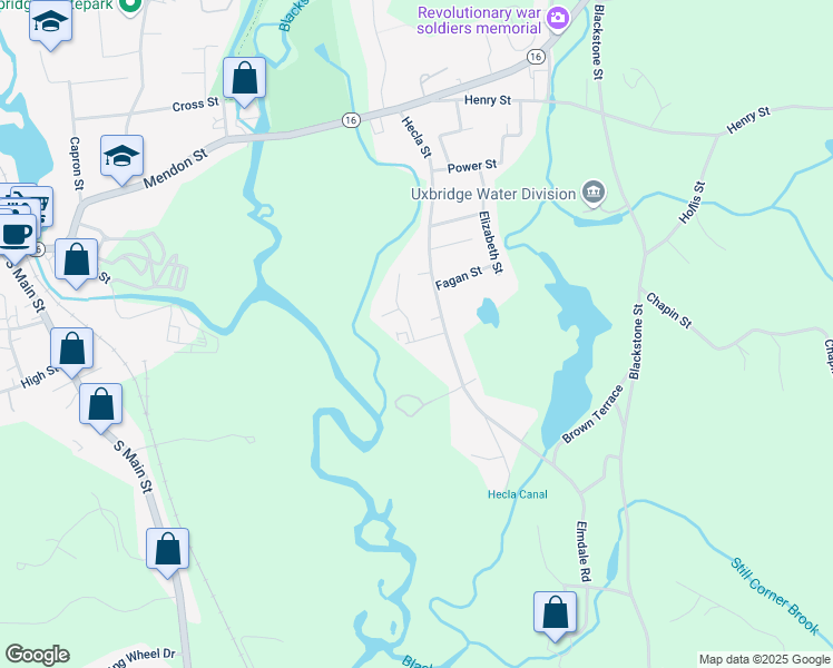 map of restaurants, bars, coffee shops, grocery stores, and more near 13 Bailey Street in Uxbridge