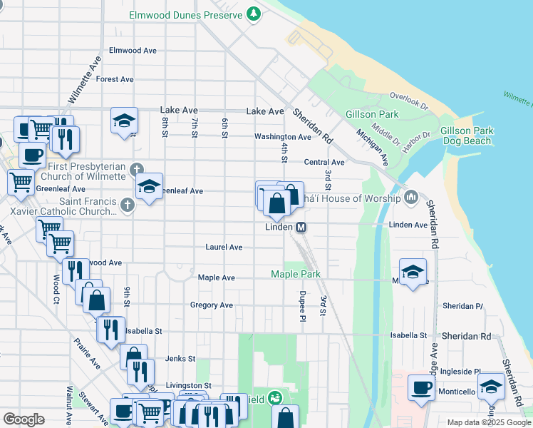 map of restaurants, bars, coffee shops, grocery stores, and more near 417 Linden Avenue in Wilmette
