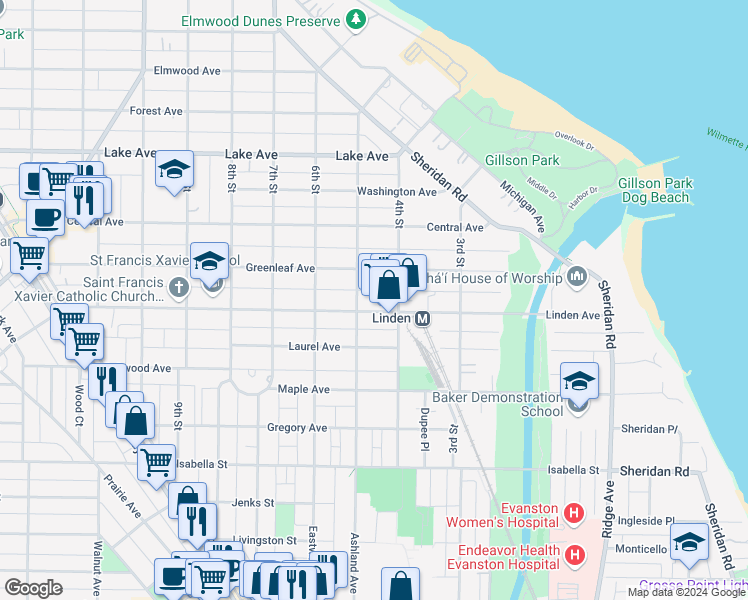 map of restaurants, bars, coffee shops, grocery stores, and more near 417 Linden Avenue in Wilmette