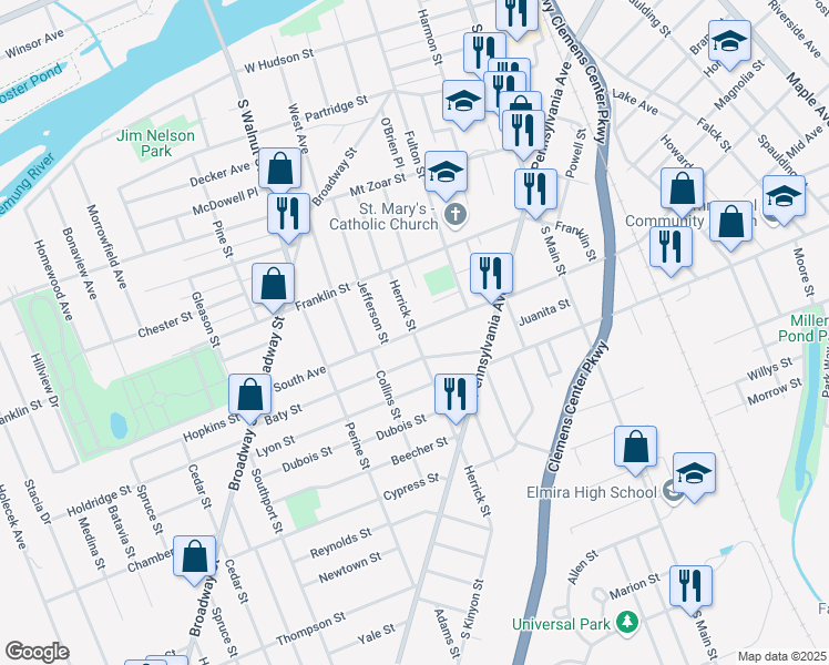 map of restaurants, bars, coffee shops, grocery stores, and more near 388 Elmira Road in Ithaca