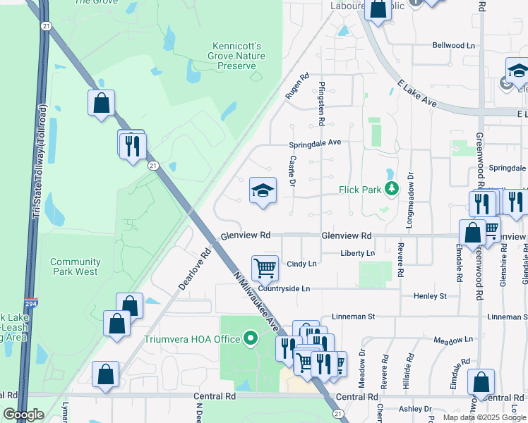 map of restaurants, bars, coffee shops, grocery stores, and more near 3900 Glenview Road in Glenview