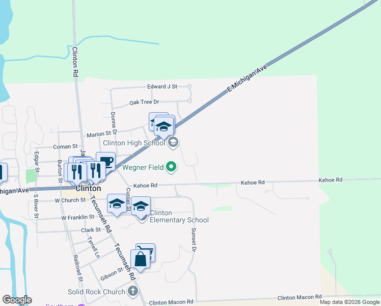 map of restaurants, bars, coffee shops, grocery stores, and more near 341 East Michigan Avenue in Clinton