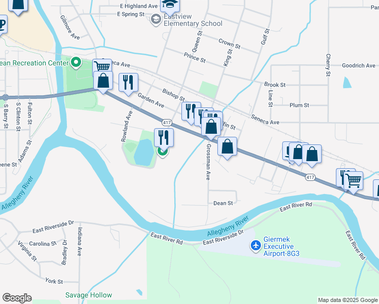 map of restaurants, bars, coffee shops, grocery stores, and more near 862R East State Street in Olean