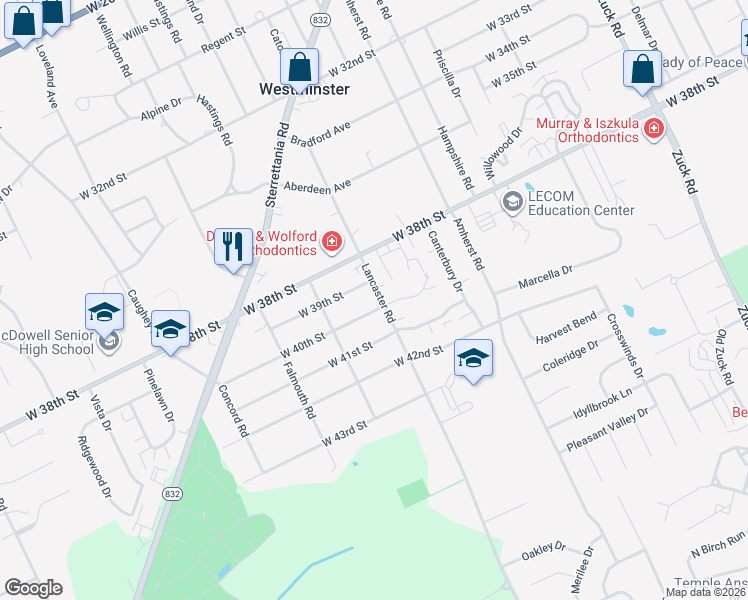 map of restaurants, bars, coffee shops, grocery stores, and more near 3918 Lancaster Road in Erie