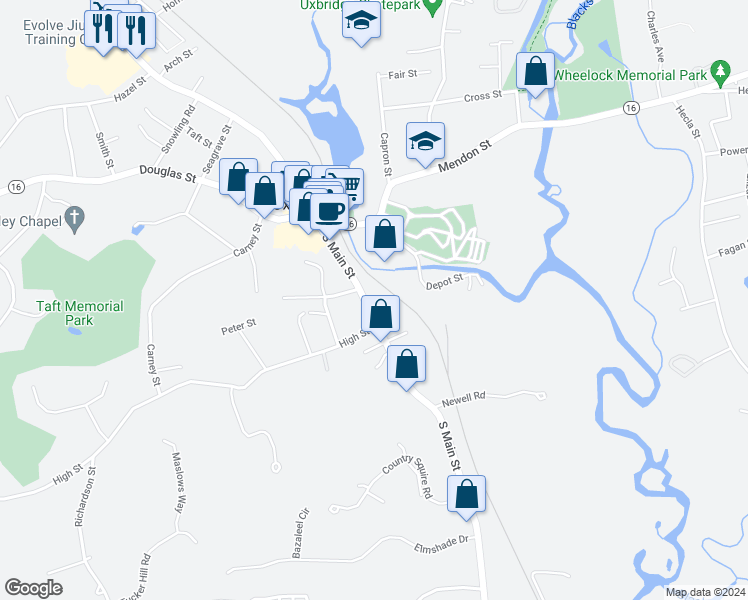 map of restaurants, bars, coffee shops, grocery stores, and more near 50 South Main Street in Uxbridge