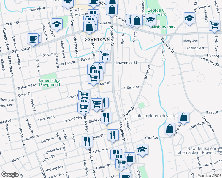 map of restaurants, bars, coffee shops, grocery stores, and more near 587 Montello Street in Brockton