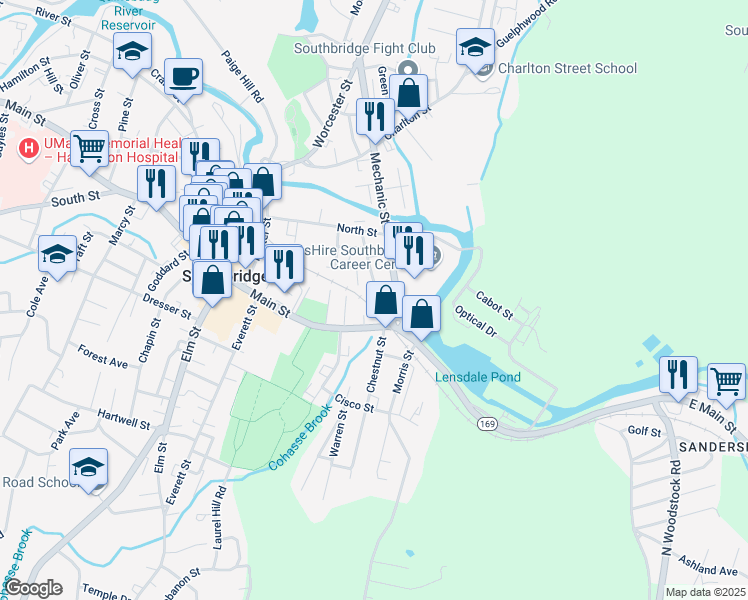 map of restaurants, bars, coffee shops, grocery stores, and more near 26 Main Street in Southbridge