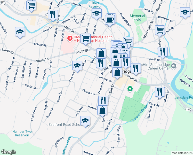 map of restaurants, bars, coffee shops, grocery stores, and more near 84 Chapin Street in Southbridge