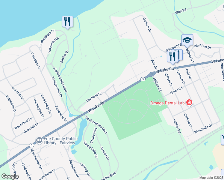 map of restaurants, bars, coffee shops, grocery stores, and more near 5900 West Lake Road in Erie