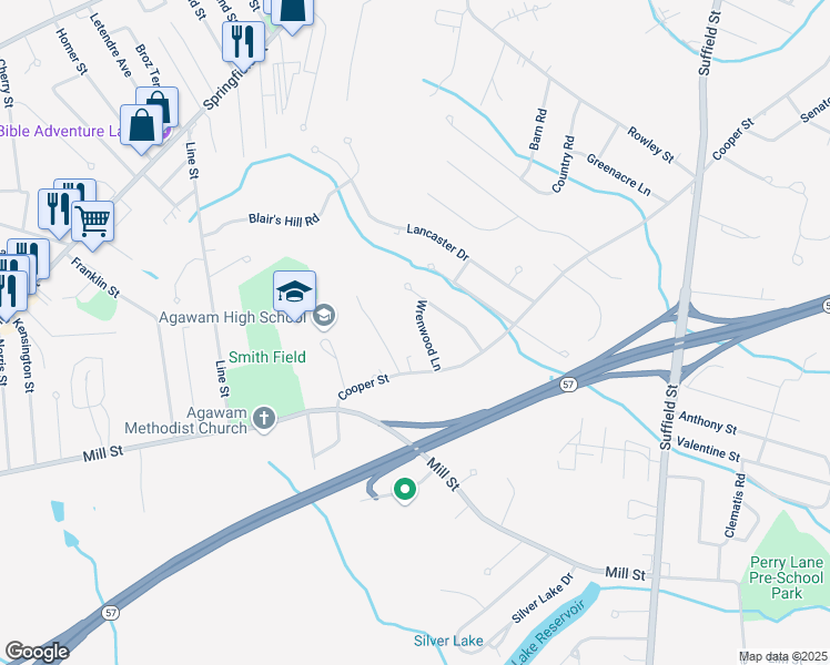 map of restaurants, bars, coffee shops, grocery stores, and more near 658 Cooper Street in Agawam