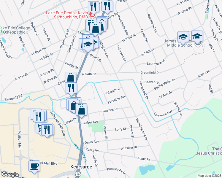 map of restaurants, bars, coffee shops, grocery stores, and more near 5440 Washington Ave in Erie