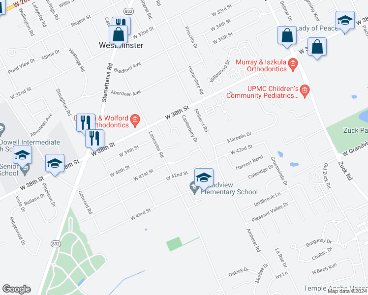 map of restaurants, bars, coffee shops, grocery stores, and more near 3121 West 40th Street in Erie