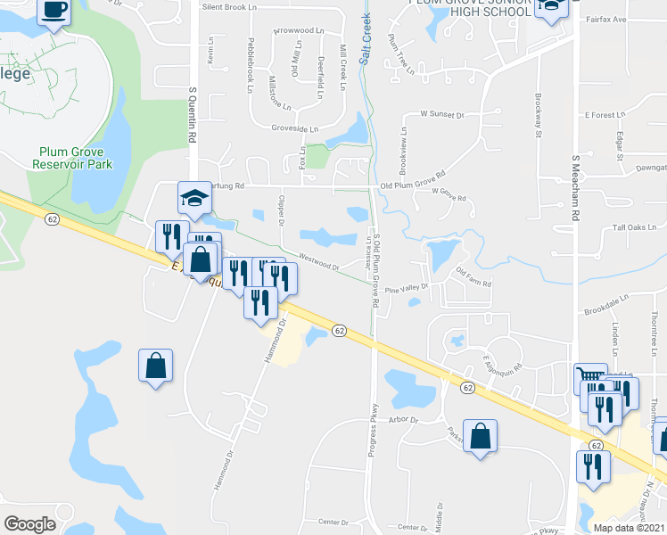 map of restaurants, bars, coffee shops, grocery stores, and more near 1037 Westwood Drive in Schaumburg