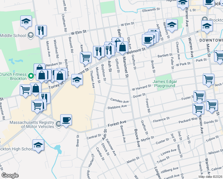 map of restaurants, bars, coffee shops, grocery stores, and more near 395 Ash Street in Brockton
