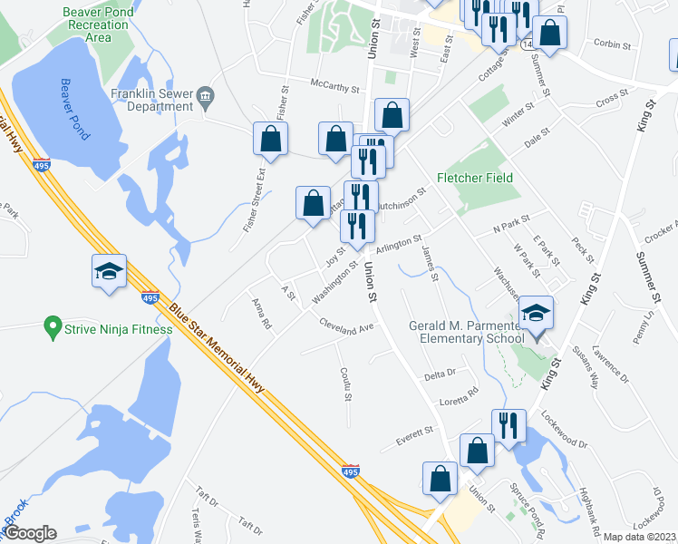 map of restaurants, bars, coffee shops, grocery stores, and more near 10 Joy Street in Franklin
