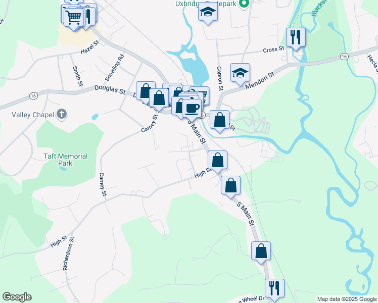 map of restaurants, bars, coffee shops, grocery stores, and more near 26 Pleasant Street in Uxbridge
