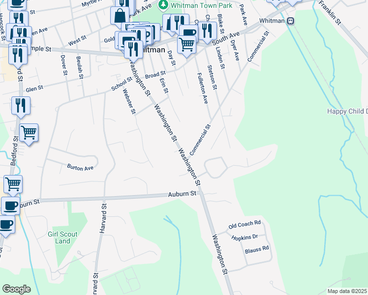 map of restaurants, bars, coffee shops, grocery stores, and more near 52 Commercial Street in Whitman