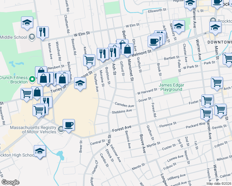 map of restaurants, bars, coffee shops, grocery stores, and more near 395 Ash Street in Brockton